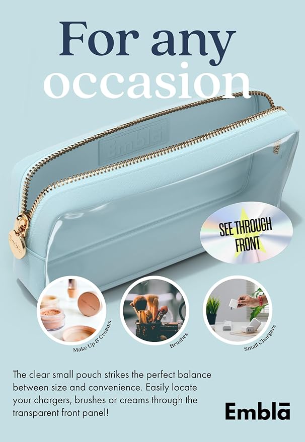 Embla Clear Cosmetic Bag Makeup Case, Clear Zipper Make Up Pouch and Toiletry Travel Tote, Cute Skincare Pouches for Women Girls, Preppy Purse Cosmetic Organizer, Small Makeup Bags, Sky Blue