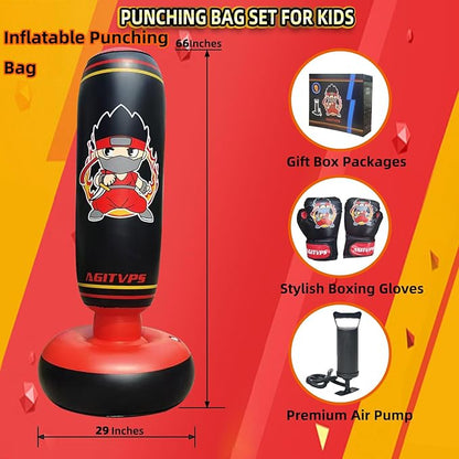Inflatable Punching Bag Set, 66" Punching Bag for Boys & Girls Aged 8-12 with Kids Boxing Gloves, Super Air Pump | Suitable for Children's Daily Exercise, Happy Family Time