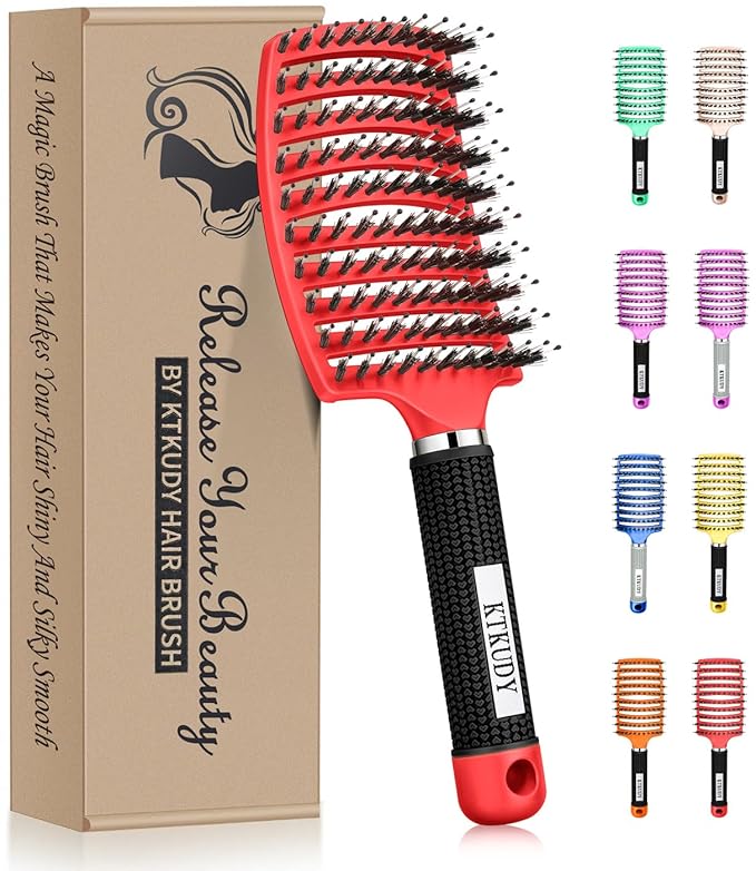 KTKUDY Detangling Brush Boar Bristles Hair Brush Make Hair Shiny & Healthier Curved and Vented Detangler Brush for Women Men Kids Wet and Dry Hair (Red)