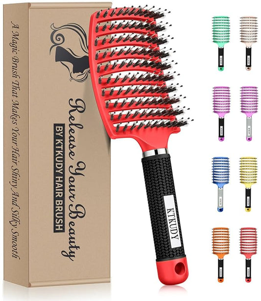 KTKUDY Detangling Brush Boar Bristles Hair Brush Make Hair Shiny & Healthier Curved and Vented Detangler Brush for Women Men Kids Wet and Dry Hair (Red)