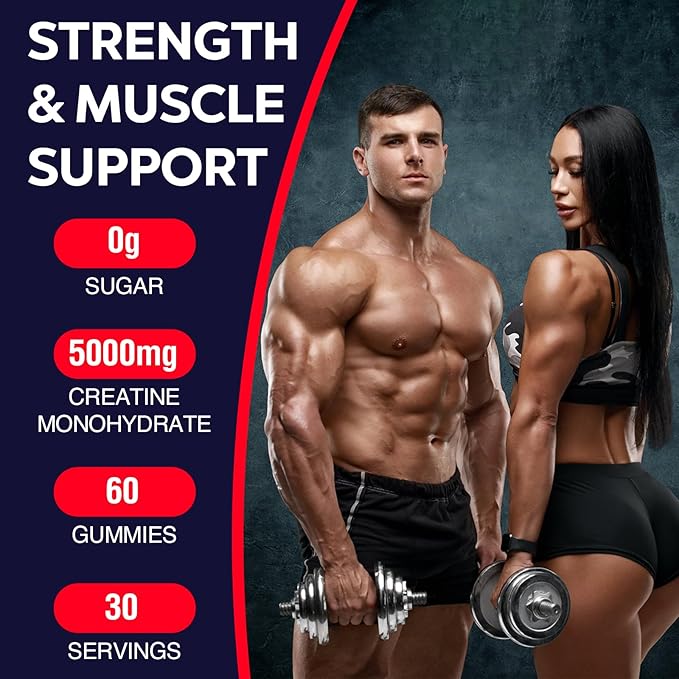 Creatine Monohydrate Gummies for Women & Men, Taurine & B6, Chewable Creatine Pre Workout Gummies for Max Strength & Muscle Growth, Energy, Endurance, Creatine for Men & Women, 5g Per Serving - 1 Pack
