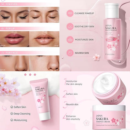 Skincare Set Sakura Teen Girls Gifts - Skin Care Set - 5PCS Skin Care Kit - Skincare for Teens 10-12 - Hydrating Skin Care Sets & Kits - Makeup Remover,Bunny Headband,Cleansing Brush,Cleanser,Cream