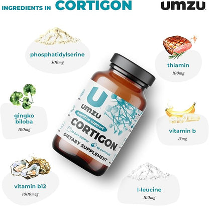 UMZU CORTIGON Cortisol Manager Supplement | Natural Stress Support Complex with Ginkgo Biloba, Phosphatidylserine, B Vitamins | Memory, Focus & Mood Aid (30 Day Supply | 60 Capsules)