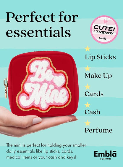 BE MINE Valentine Makeup Bag Travel Cosmetics Pouch and Toiletry Bag, Nylon Zipper Pouch Purse, Cute Make Up Organizer Storage Tote for Women Girls, Travel Skincare Case, Small Makeup Bags, Ruby Red