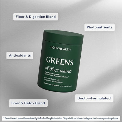 BodyHealth Greens Enhanced with PerfectAmino - Daily Superfood Green Apple Smoothie Powder with Vegetables, Fruit, Antioxidants, Prebiotics, Probiotics, Fiber, and Protein - 30 Servings