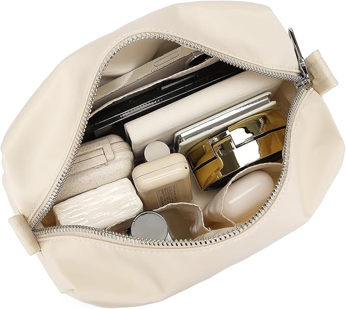 Organizer Bag Lightweight Cosmetic Bag with Ring Clasp Perfect Travel Makeup Bag for Women nylon Stand Up Design (Creamy White/Nylon)