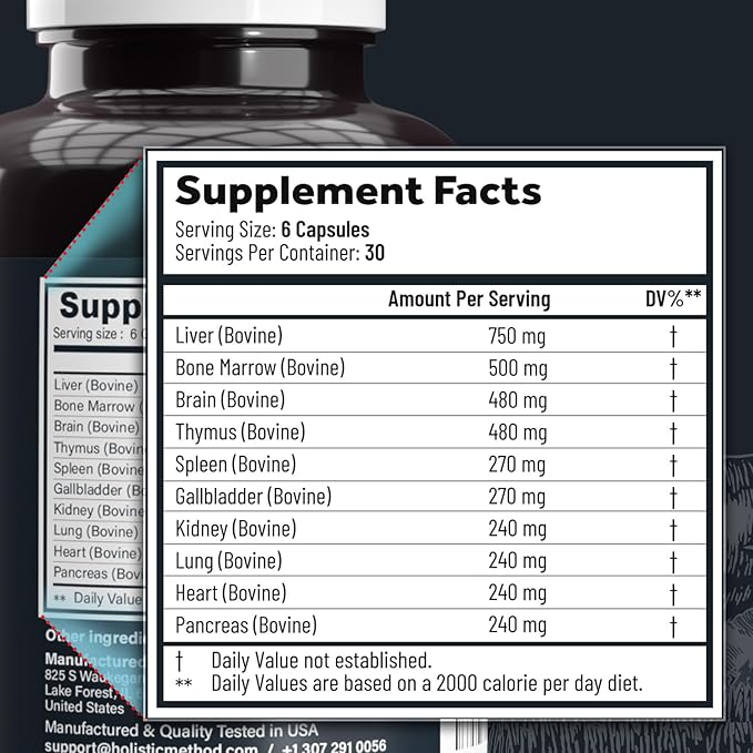 Beef Organ Supplement Grass Fed Complex for Men and Women - 10 Carnivore Meat Proprietary Blend of Beef Liver, Marrow, Brain, Thymus, Spleen, Kidney, Lung, Heart, Pancreas, Gallbladder -180 Caps