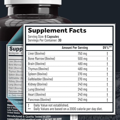 Beef Organ Supplement Grass Fed Complex for Men and Women - 10 Carnivore Meat Proprietary Blend of Beef Liver, Marrow, Brain, Thymus, Spleen, Kidney, Lung, Heart, Pancreas, Gallbladder -180 Caps