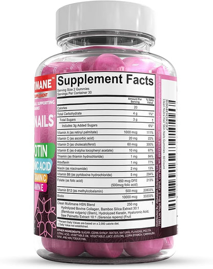 Biotin Collagen Keratin Gummies | Hair Skin and Nails Vitamins for Women | Hyaluronic Acid Bamboo Vitamin A C D3 E Folate With Saw Palmetto Silica B3 B12 Vegan Gummy By Clean Nutra