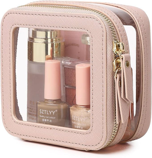 Small Makeup Bag Clear Mini Cosmetic Makeup Case & Toiletry Bag with Zipper Women's Purse Organizer & Car Essentials (Pink, MINI-2)