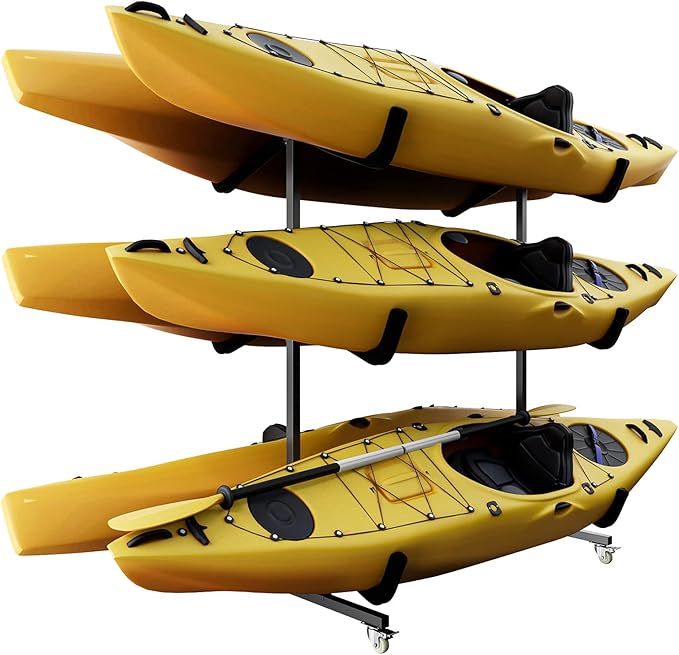 Bonnlo Kayak Stand Freestanding Storage Rack for Kayak Canoe Boat Paddle Board SUP Surfboard for Indoor Outdoor Garage, Shed, Dock with Lockable Wheels Wide Adjustable