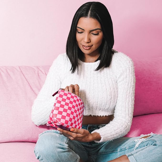 Vegan Leather Checkered Makeup Bag - Cute Girly Pink Cosmetic Bag Zipper Pouch Travel Toiletry Make Up Bag Accessories - Checker Gift for Best Friends Girls Women Mom Sister Christmas Gifts Stuff