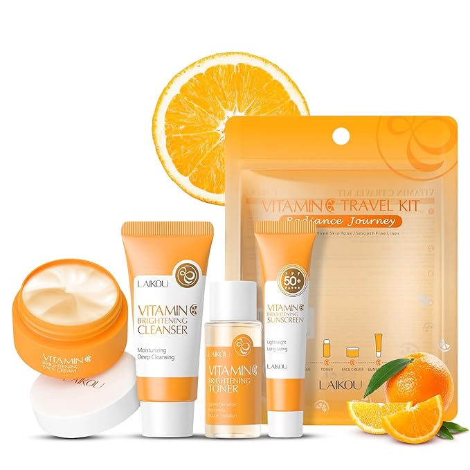 Vitamin C Travel Skincare Set for Teenage Girls, Skin Care Set Travel Kit 4 Pack, Face Routine Set for Women and Girls with Cleanser, Toner, Face Cream, Sunscreen SPF50 - Travel Essentials Gift Set