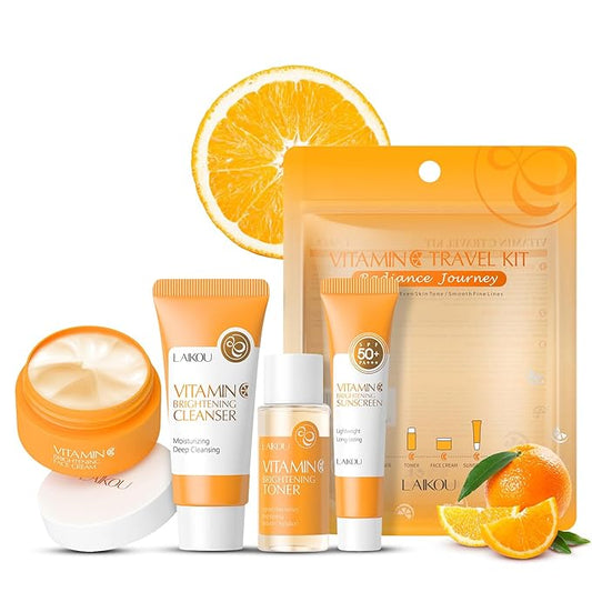 Vitamin C Travel Skincare Set for Teenage Girls, Skin Care Set Travel Kit 4 Pack, Face Routine Set for Women and Girls with Cleanser, Toner, Face Cream, Sunscreen SPF50 - Travel Essentials Gift Set