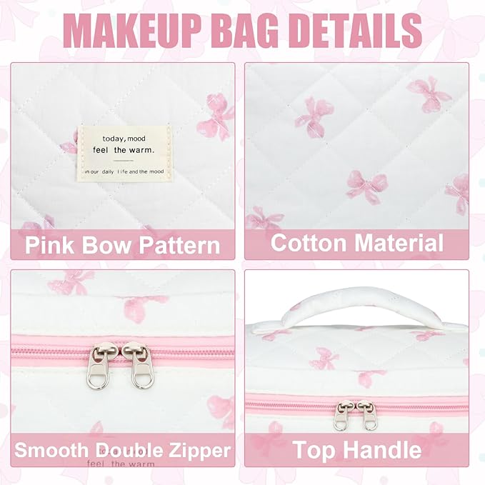 Quilted Makeup Bag Set, 3Pcs Large Checkered Corduroy Cosmetic Bags, Cute Coquette Makeup Bag Toiletry Zipper Pouch Bag for Women and Girls Checkered