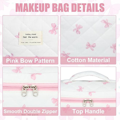 Quilted Makeup Bag Set, 3Pcs Large Checkered Corduroy Cosmetic Bags, Cute Coquette Makeup Bag Toiletry Zipper Pouch Bag for Women and Girls Checkered
