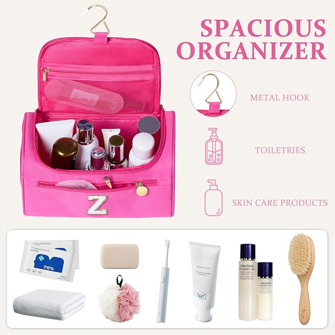 COSHAYSOO Christmas Valentines Galentines Day Fall Travel Gifts for Women Friend Sister Bestie Happy Birthday Party Favor Present, Large Hanging Toiletry Bag Skin Care Toiletries Hot Pink Letter Z