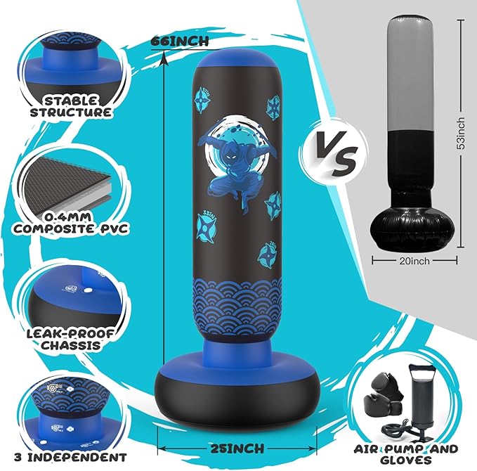 Punching Bag for Kids, Tall Larger 66’’ Inflatable Punching Bag Boxing Bag for Kids Teens, Punching Bag Set Toy with Gloves and Pump for Practicing Karate, Taekwondo