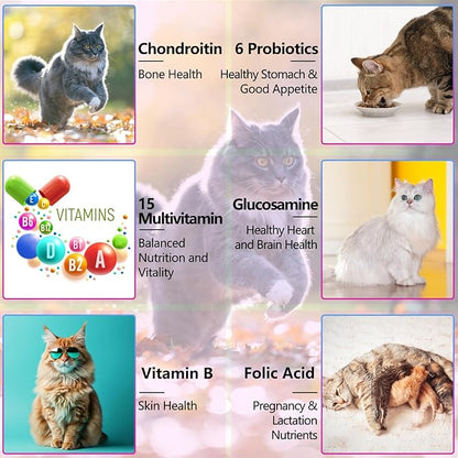 Cat Multivitamin - 15 in 1 Multivitamin Drops for Cats, Cat Supplements Vitamins with Glucosamine & MSM Supports Joint Care, Skin & Coat, Pets Supplies Vitamins for Cats, Bacon Flavor - 2 Fl Oz / 60ml