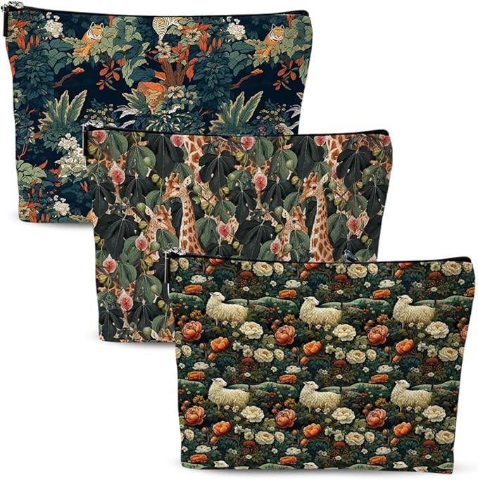 3pcs Cosmetic Bags for Women Makeup Bag, Bachelorette Party Favors Christmas Birthday Friendship Gifts for Women Girls Bestie Travel Toiletry Bag Skin Care Bag, Vintage Forest Giraffe Sheep Tiger