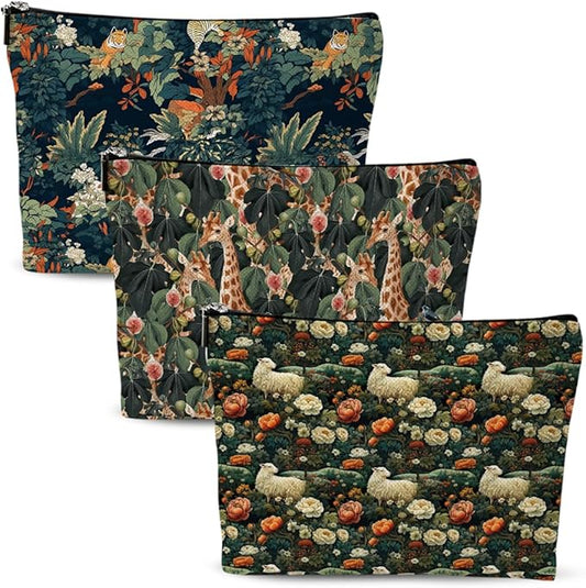 3pcs Cosmetic Bags for Women Makeup Bag, Bachelorette Party Favors Christmas Birthday Friendship Gifts for Women Girls Bestie Travel Toiletry Bag Skin Care Bag, Vintage Forest Giraffe Sheep Tiger