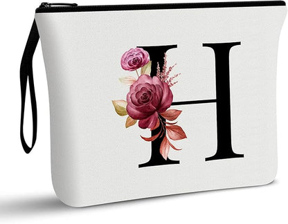 Vavabox A-Z Personalized Makeup Bag, Birthday Gifts for Women Mom, Gifts for Best Friend, Bride Bridesmaid Cosmetic bag (H, White)