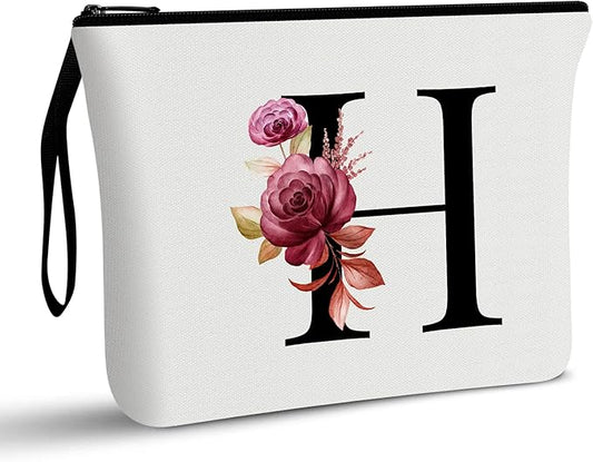 Vavabox A-Z Personalized Makeup Bag, Birthday Gifts for Women Mom, Gifts for Best Friend, Bride Bridesmaid Cosmetic bag (H, White)