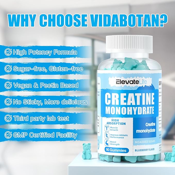Creatine Monohydrate Gummies 5000mg for Men & Women, Chewables Creatine Monohydrate for Muscle Strength, Muscle Builder, Energy Boost, Pre-Workout Supplement(90 Count)-Blueberry