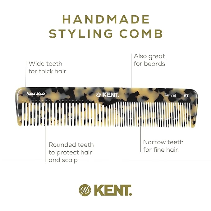 Kent 16T TW Fine Tooth and Wide Tooth Comb for Daily Grooming, Handmade Styling Comb for All Hair Types, Styling and Detangling Combs for Men and Women