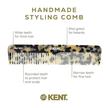 Kent 16T TW Fine Tooth and Wide Tooth Comb for Daily Grooming, Handmade Styling Comb for All Hair Types, Styling and Detangling Combs for Men and Women