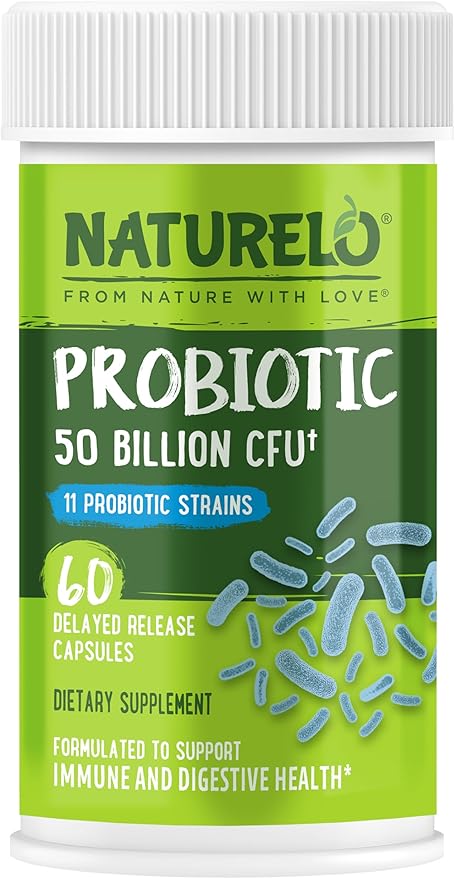 NATURELO Probiotics for Digestive Health - 50 Billion CFU, 11 Strains Daily Supplement - Boosts Immune System, Delayed Release, 60 Vegetarian Capsules