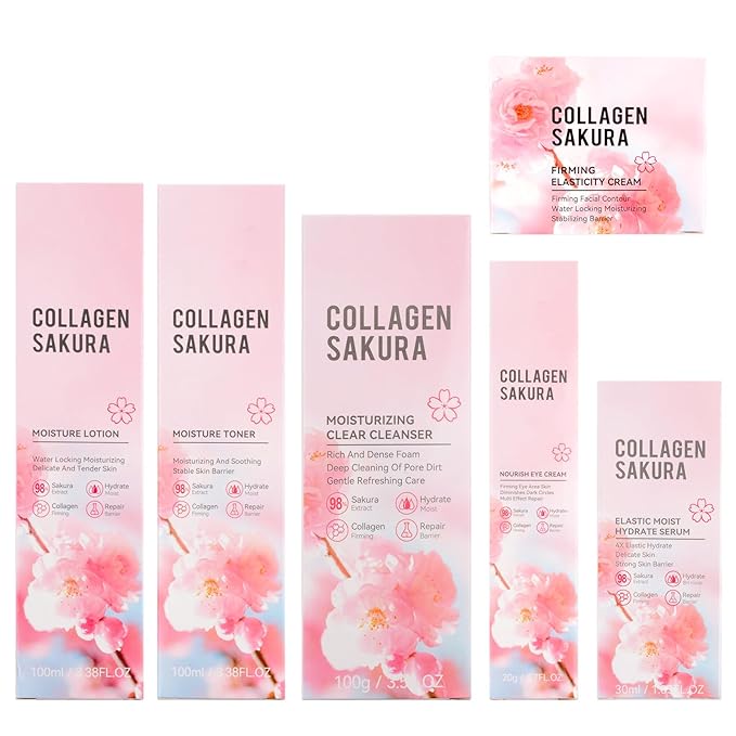 Sakura Skin Care Set, Cherry Blossom Skincare Set for Teen Girls, Hydrate & Repair Skin, 6 Pcs Individually Packaged Collagen Skin Care Kits with Cleanser, Toner, Lotion, Serum, Cream & Eye Cream