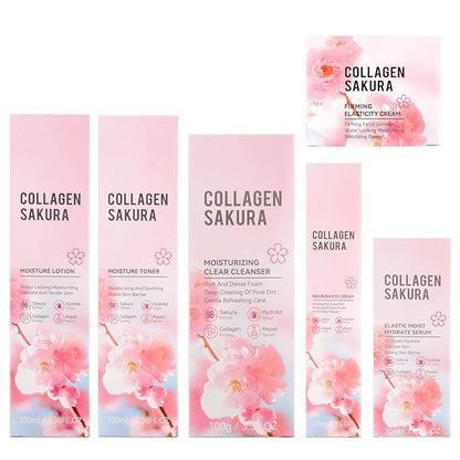 Sakura Skin Care Set, Cherry Blossom Skincare Set for Teen Girls, Hydrate & Repair Skin, 6 Pcs Individually Packaged Collagen Skin Care Kits with Cleanser, Toner, Lotion, Serum, Cream & Eye Cream