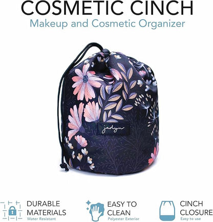 Jadyn Durable Cinch Top Makeup Organizer - Compact Travel Makeup Bag - 7 Interior Pockets for Cosmetics - Drawstring Toiletry Travel Bag for Women - 6L Storage Capacity - (Black Floral)
