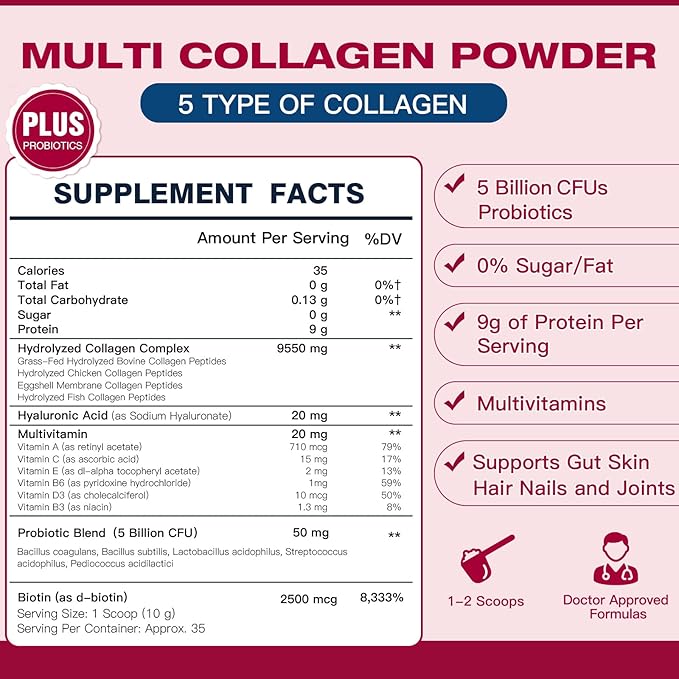 Multi Collagen Peptides Powder - Type I II III V X - Hydrolyzed Collagen Peptides with Multivitamins, Hyaluronic Acid & Biotin - Support Skin Hair Nail Joints & Gut