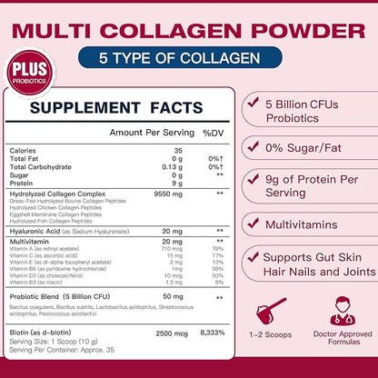 Multi Collagen Peptides Powder - Type I II III V X - Hydrolyzed Collagen Peptides with Multivitamins, Hyaluronic Acid & Biotin - Support Skin Hair Nail Joints & Gut