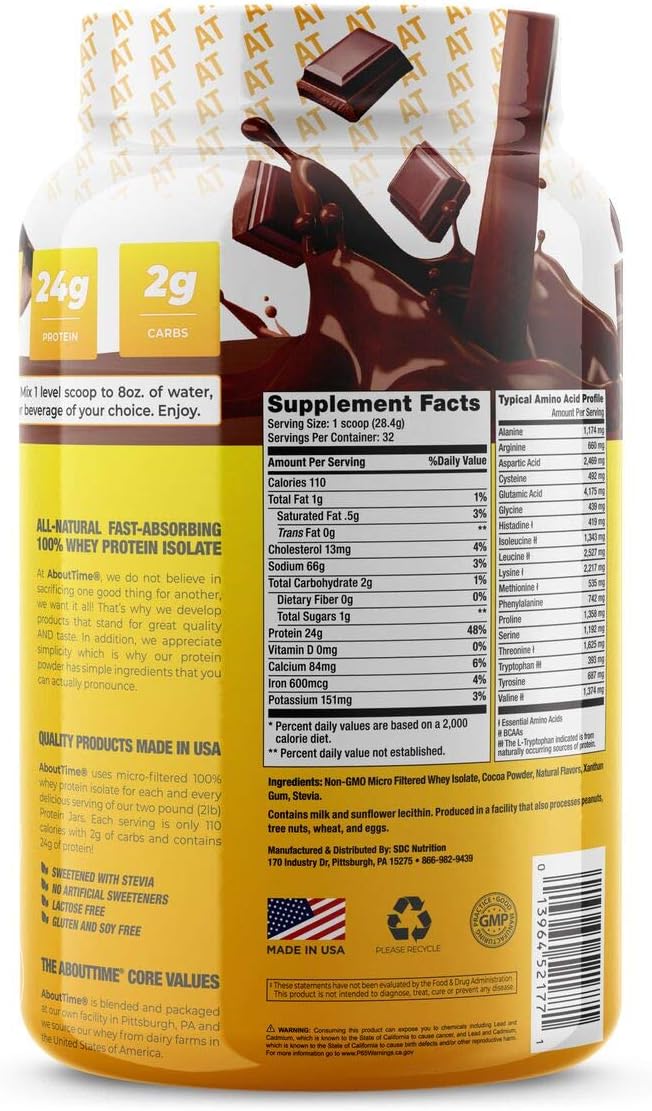 About Time Whey Protein Isolate Chocolate 2lb - 25g Protein, Non-GMO, 0g Fat, 0g Sugars, No Artificial Sweeteners, 32 Servings