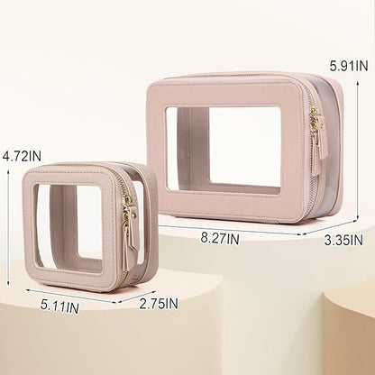 Clear Makeup Bag with Zipper Waterproof Travel Makeup Set for Cosmetics and Toiletries Women's Purse Organizer and Car Essentials (Pink, M+MINI)