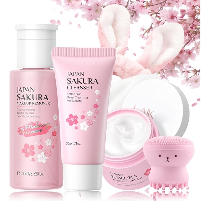 Skincare Set Sakura Teen Girls Gifts - Skin Care Set - 5PCS Skin Care Kit - Skincare for Teens 10-12 - Hydrating Skin Care Sets & Kits - Makeup Remover,Bunny Headband,Cleansing Brush,Cleanser,Cream