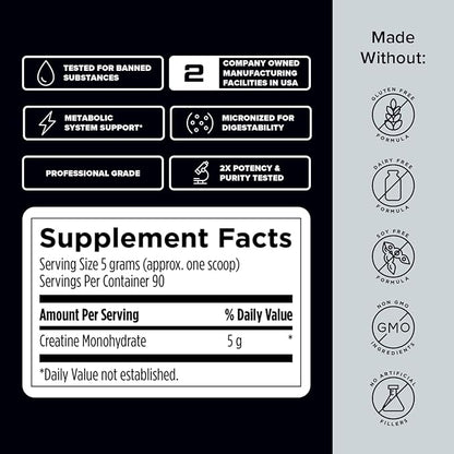Creatine Monohydrate Powder - NSF Certified for Sport Creatine Supplement to Support Muscle Recovery, Pre + Post Workout Strength and Energy (1 lb / 90 Servings)