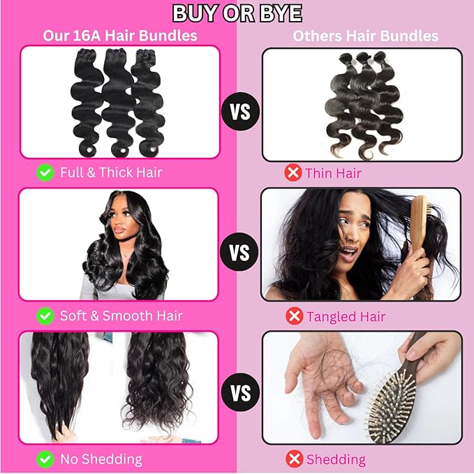 Beauty Queen 16A Body Wave Bundles Human Hair (22, 20, 18 Inch) 100% Unprocessed Virgin Remy Human Hair Full And Thick Quick Weave Hair Bundles Natural Color Hair Extensions