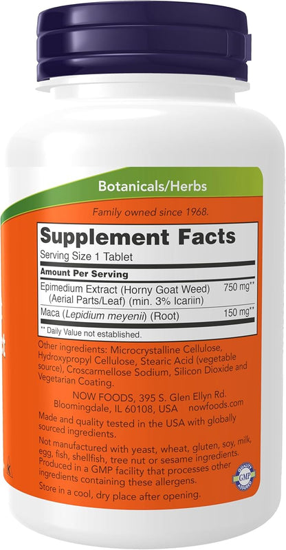 NOW Foods Supplements, Horny Goat Weed Extract 750 mg Plus 150 mg of Maca Root, Tonifying Herb*, 90 Tablets, for Sexual Health