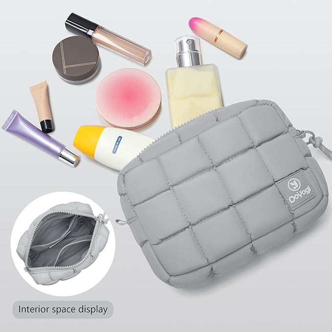 Quilted Cosmetic Bag, Puffer Makeup Bags, Crossbody Purses for women,Cute Travel Toiletry Bag for Women (Grey)