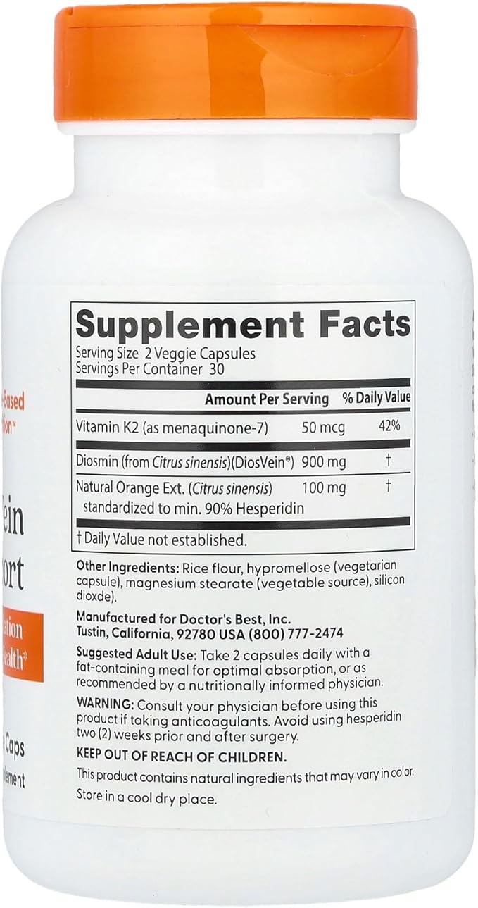 Doctor's Best Vein Support with Diosvein & Menaq7, Circulation for Healthy Legs, Non-GMO, Gluten & Soy Free, Vegan, 60 Count