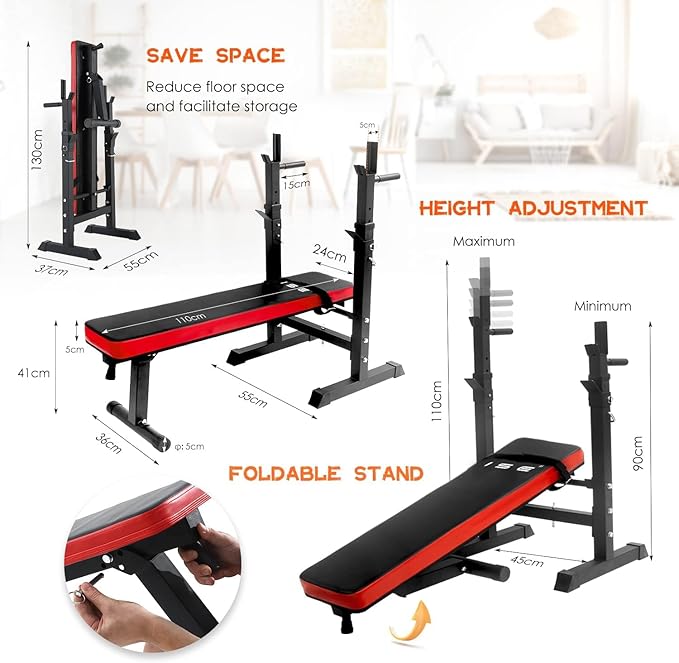 ISE Flat Adjustable Weight Bench with Barbell Rack 800LBS