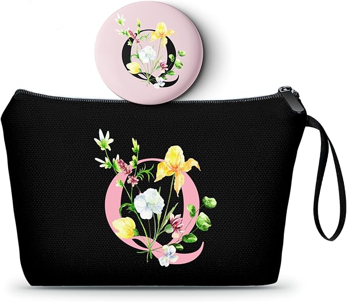 SEAMOON Women Birthday Unique Initial Funny Gifts for Teenage Girl Sister Friends Bridesmaid Personalized Travel Make up Cosmetic Bag with Mirror Valentines Mothers Day Christmas Graduation Q