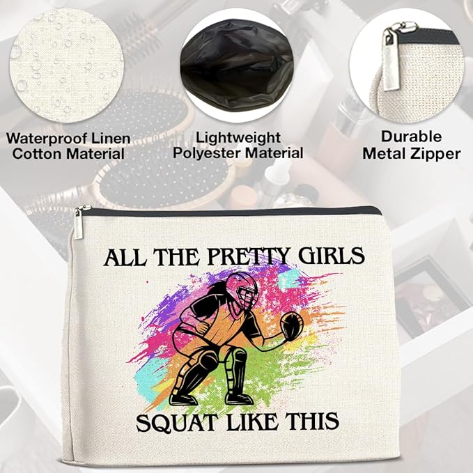 Softball Catcher Makeup Bag - Gifts for Girls and Women - All the Pretty Girls Squat Like This - Cosmetic Zipper Pouch