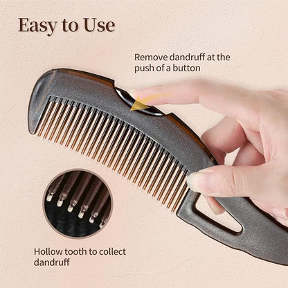 Dandruff Comb, Stainless Steel Fine Tooth Lice/Flea/Psoriasis Comb, Scalp Oil Buildup Removal Wide Hollow Tooth Button Hairbrush for Scalp Massage Care for Man Women and Kids (Brown)