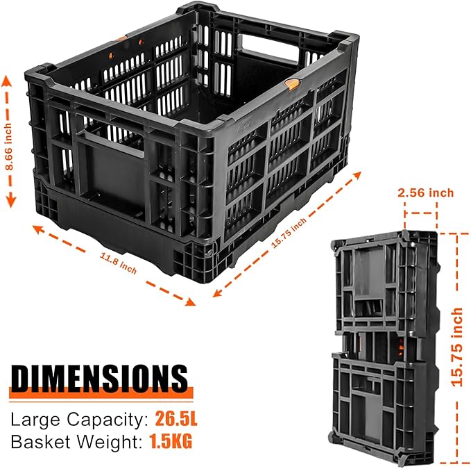 Bike Foldable Rear Basket, Rear Bicycle Cargo Rack, Ebike Storage Rear Basket with Large Capacity, Cargo Net and Rainproof Cover, Easy to Install. Resistant to Heat & Corrosion