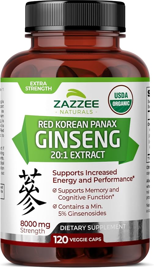 Zazzee USDA Organic Red Korean Panax Ginseng 20:1 Extract, 8000 mg Strength, 5% Ginsenosides, 120 Vegan Capsules, Standardized and Concentrated 20X Root Extract, 100% Vegetarian, All-Natural, Non-GMO